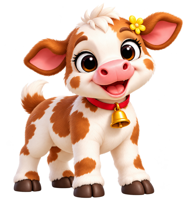 Clover, a young hornless cream-and-brown calf with a yellow flower and gold bell